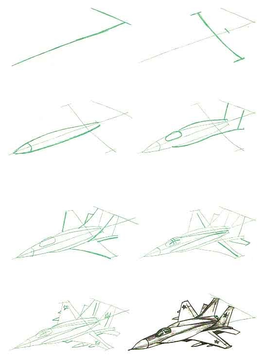 Как нарисовать военный самолет карандашом поэтапно?