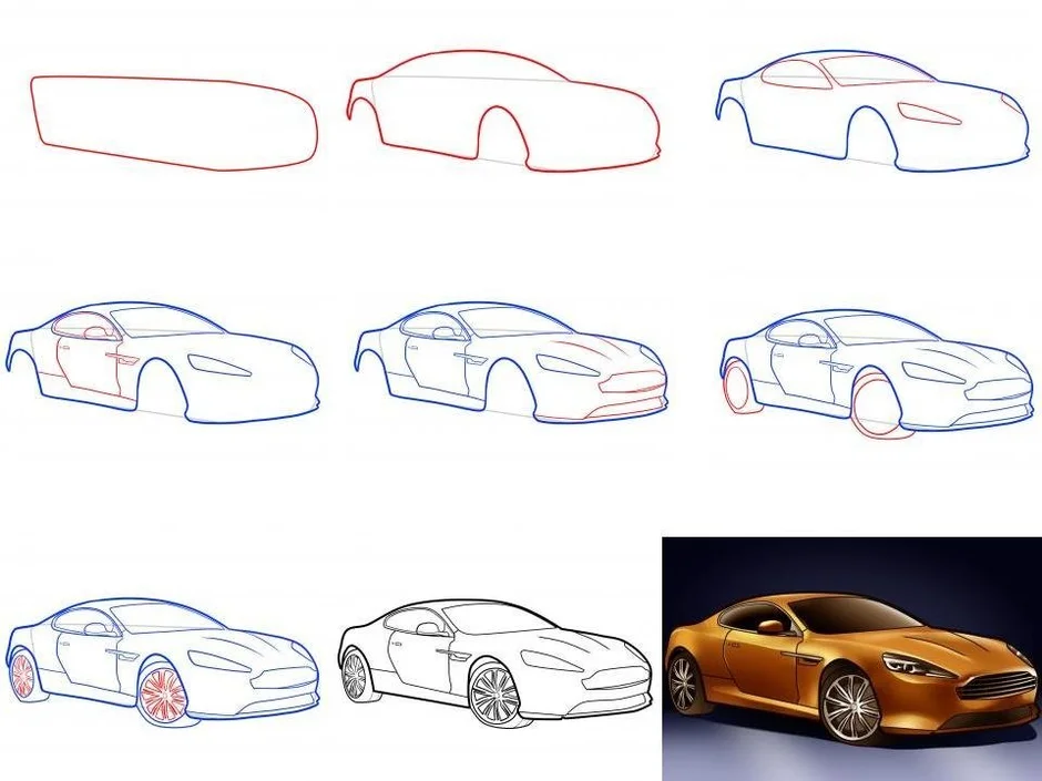 Как нарисовать машину поэтапно карандашом и не только