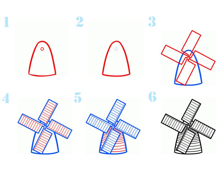 Как нарисовать мельницу поэтапно карандашом?