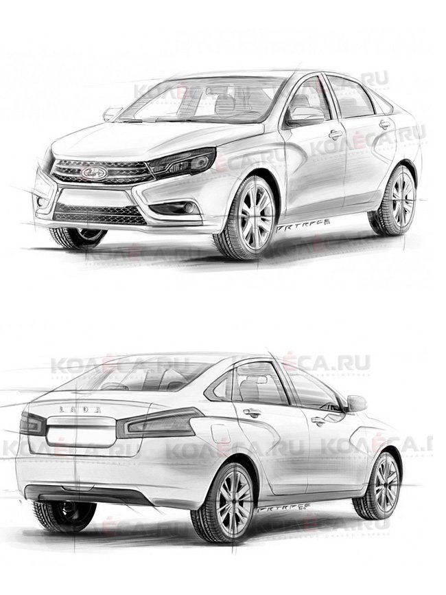 Realistic pencil drawing car LADA VESTA / Man draws like a