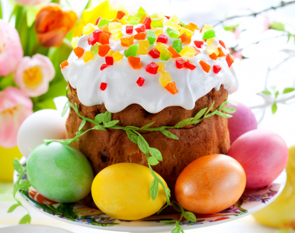 Обои пасха, яйца, кулич, ветка, праздник, easter, цветы на